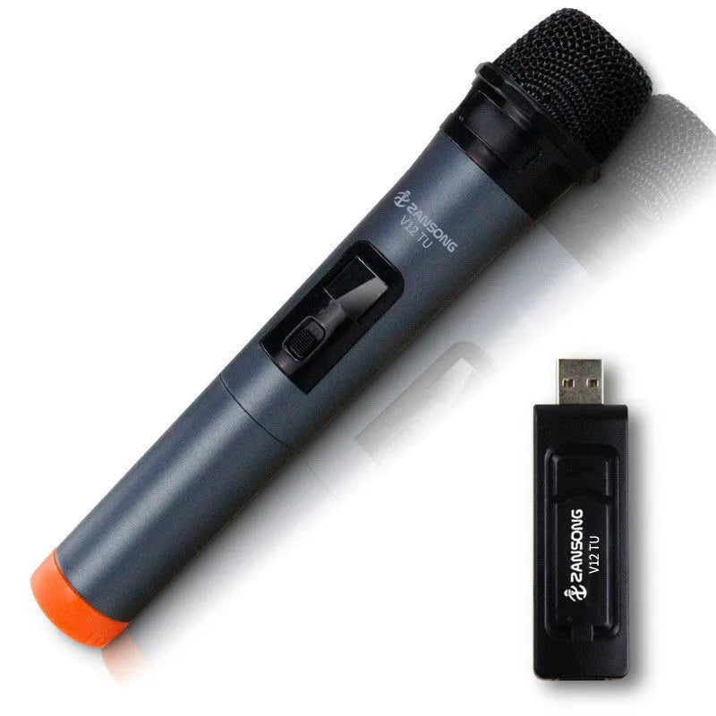 Black V12 dynamic handheld wireless microphone with USB receiver and audio cable.