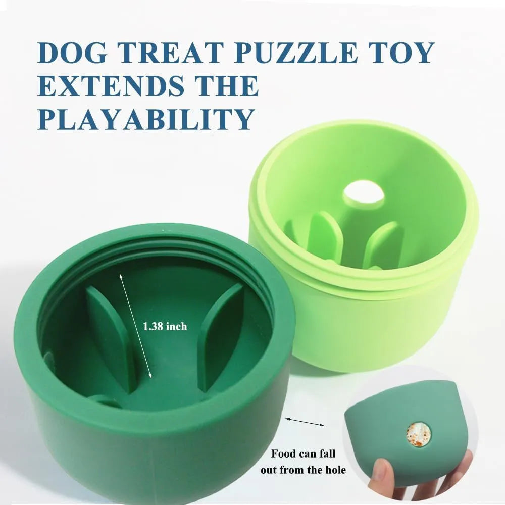 White and blue food-grade silicone dog treat puzzle ball for interactive chase play.