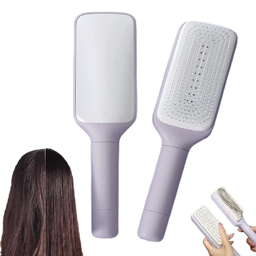 Roland purple self-cleaning hair brush with anti-static teeth and rotating telescopic handle on a white background.