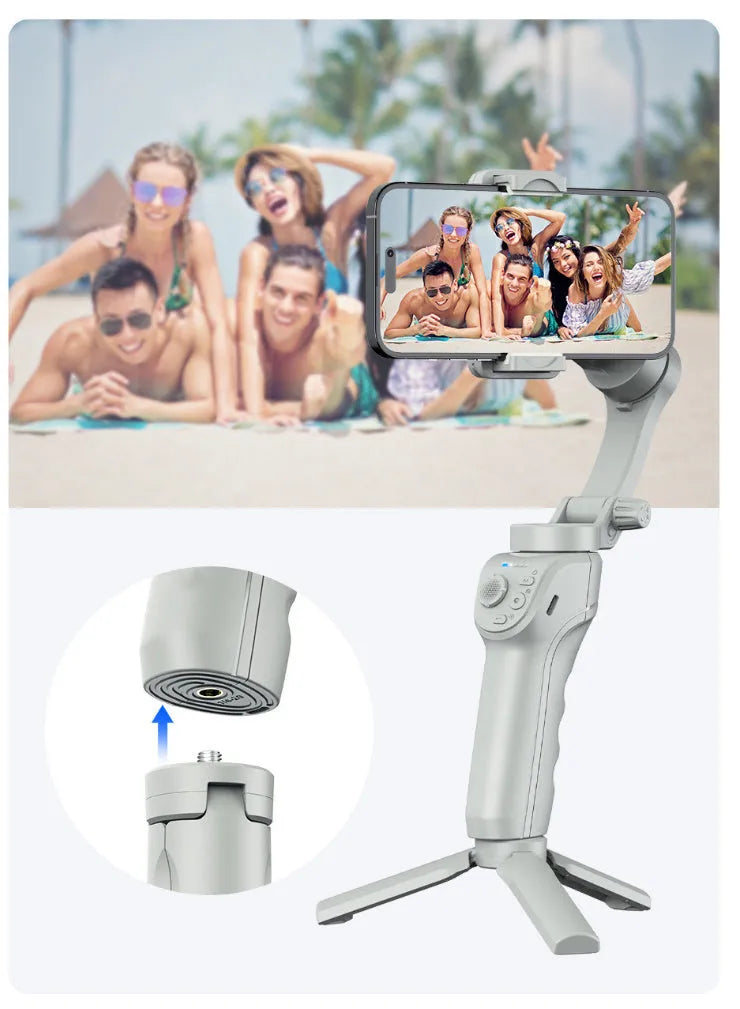 Grey hand-held three-axis anti-shake stabiliser with AI face tracking and fill light for short video shooting