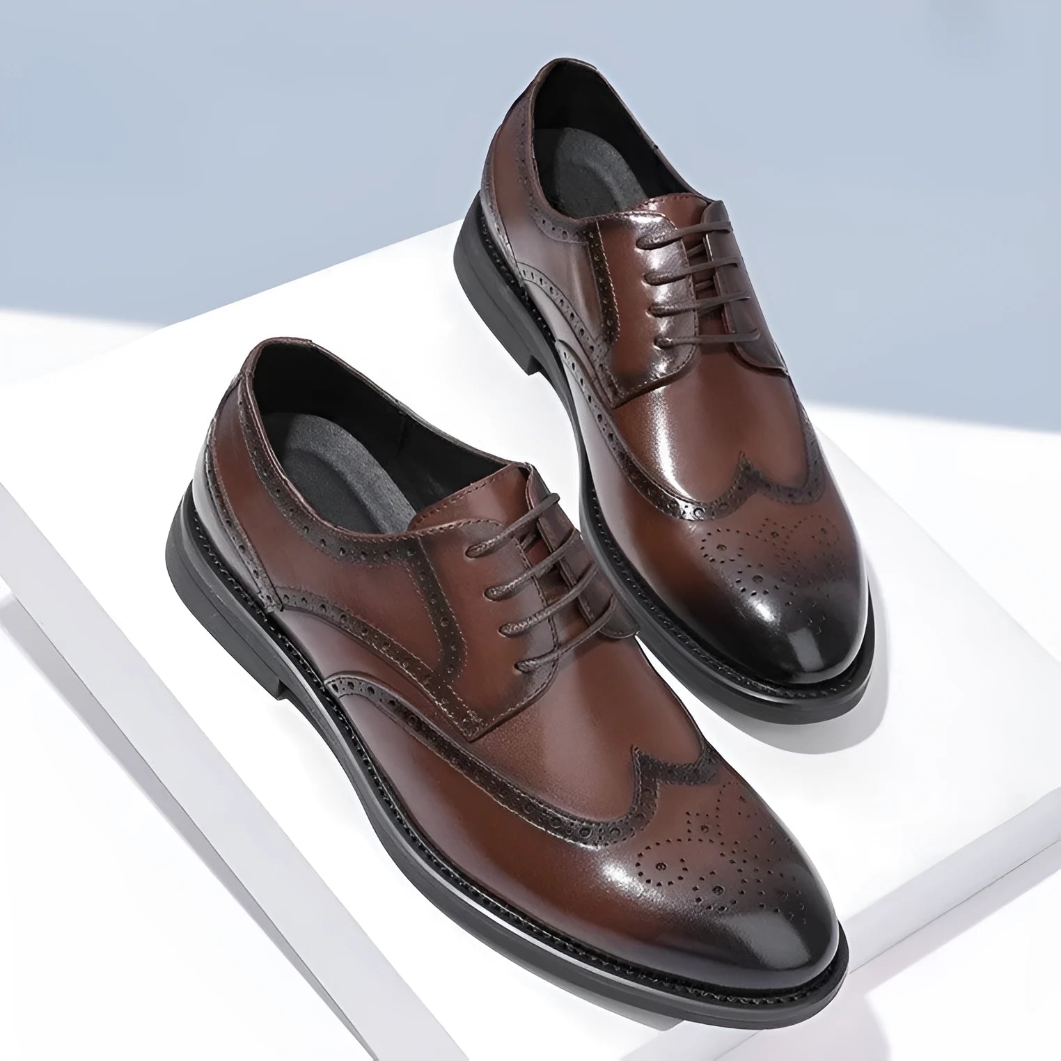 Men's black and brown PU leather brogue shoes for business formal attire.
