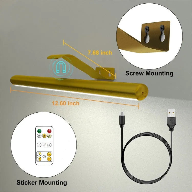 Oval gold oil painting lamp with magnetic mount and remote control placed above a bathroom mirror