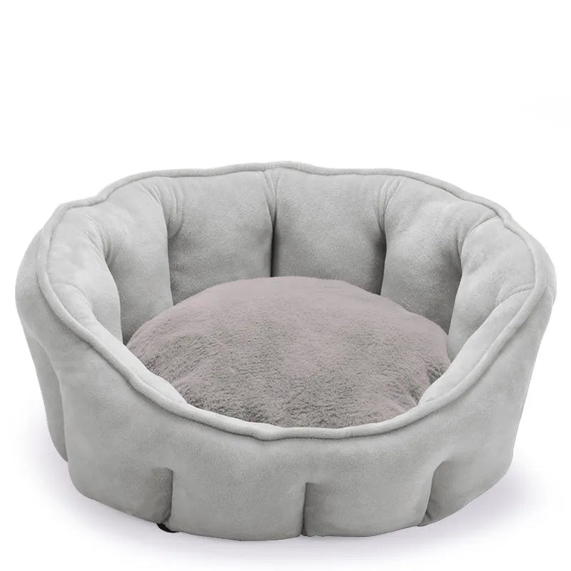 Grey plush cat kennel mat with integrated hammock and raised house structure