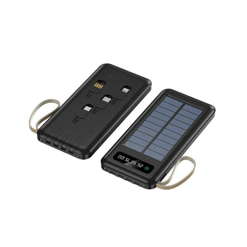 Black and white solar power bank showing size, solar panel, and USB ports for charging phones outdoors.