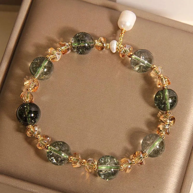 Green phantom quartz and chorite crystal women's bracelet with champagne gravel accents