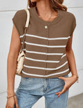 A woman's striped sleeveless V-neck pullover vest on a hanger, showing seam bone stitch detail.