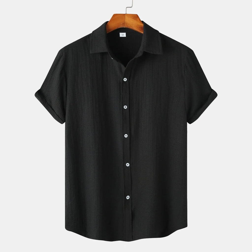 Casual short-sleeved men's cardigan-style shirt in polyester, shown in available colours.