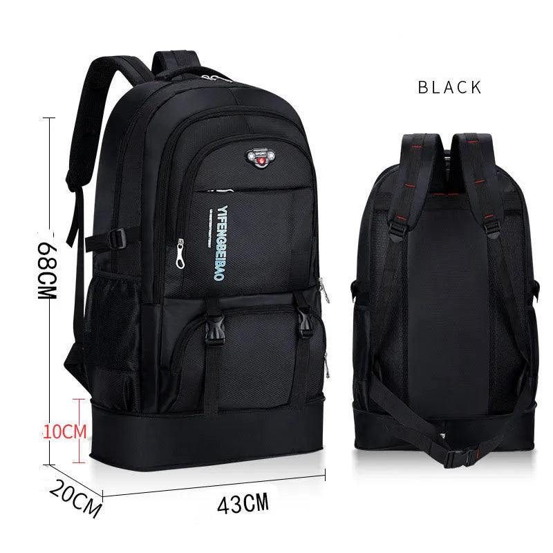 Men's simple outdoor sports large-capacity backpack in black, 56-75 litre nylon, 17x37x64 cm