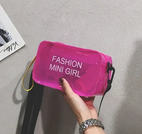 Transparent square jelly women's shoulder bag with adjustable strap shown in multiple colours.