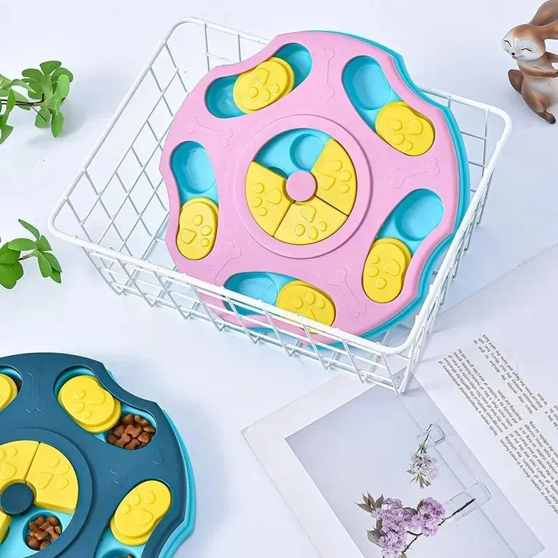 Interactive dog food puzzle feeder with search games for aggressive chewers in blue or pink