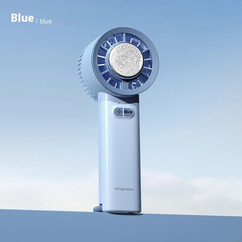 White handheld turbo jet fan with ice cold function showing three blade design and touch controls