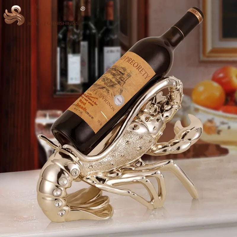 Lobster-shaped wine rack ornament in rose gold or silver holding wine bottle