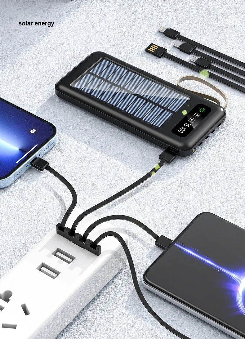 Black and white solar power bank showing size, solar panel, and USB ports for charging phones outdoors.