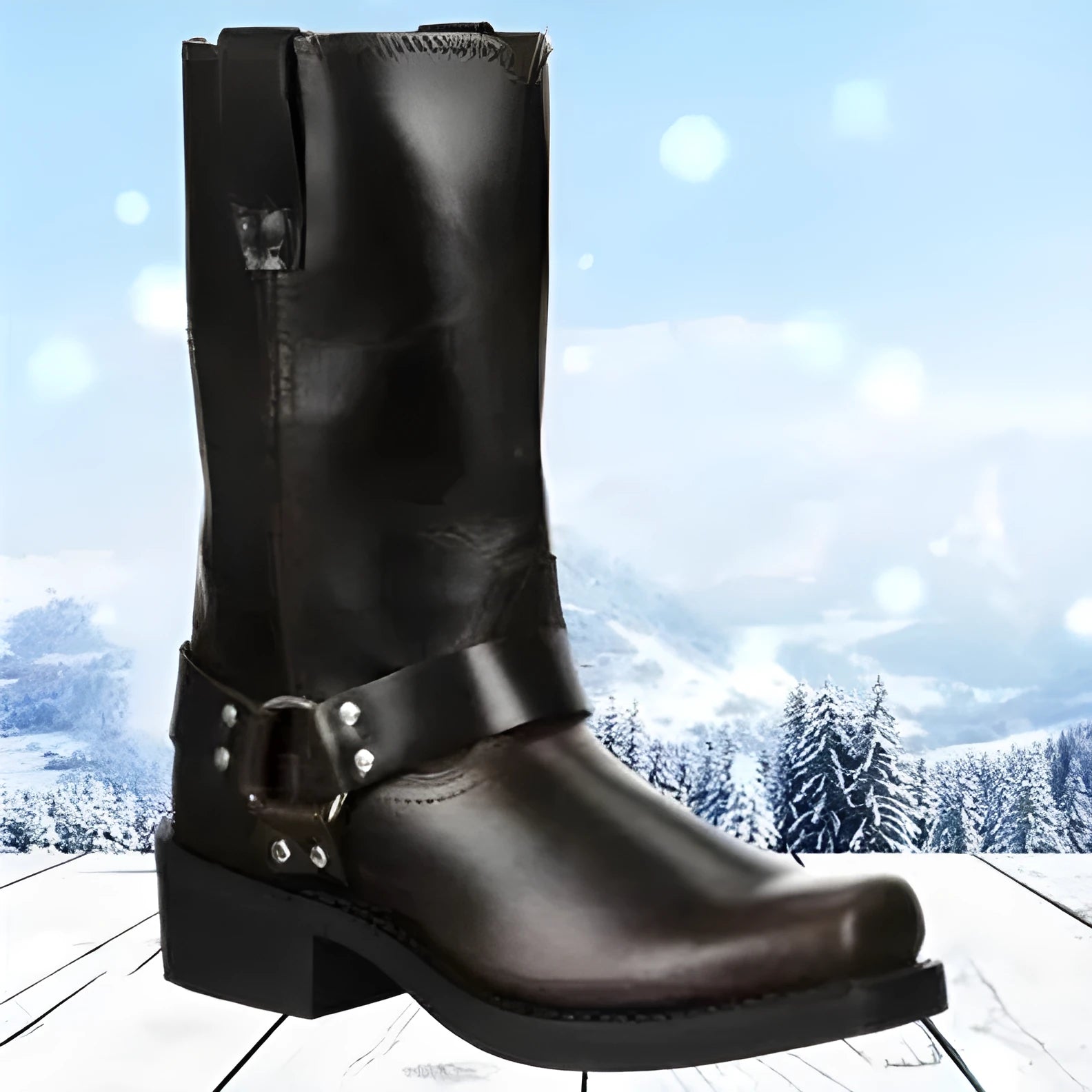 Men's brown vintage cowboy boots with a large metal buckle ring on the high top.