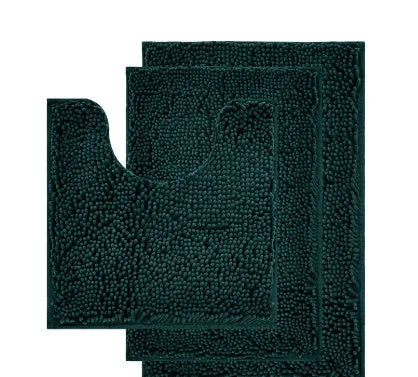 Chenille U-shaped three-piece bathroom carpet set in green beside a toilet.