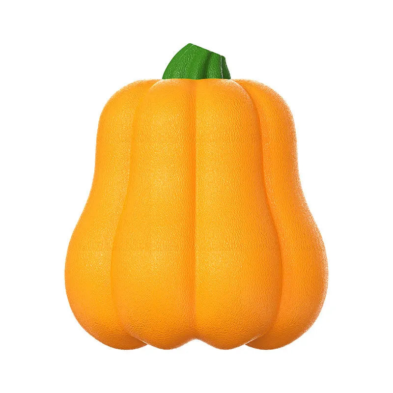 Single pumpkin coloured plastic molar dog toy with an attached rope for chewing and fetch.