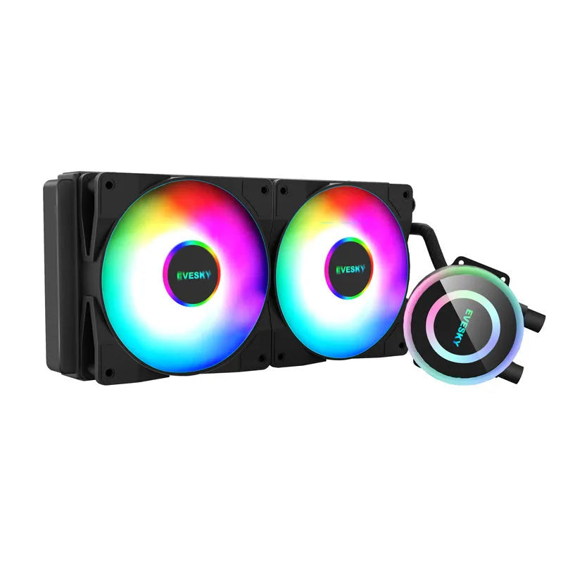 Aluminium CPU radiator with RGB fan in 120mm, 240mm, and 360mm sizes for quiet PC cooling.
