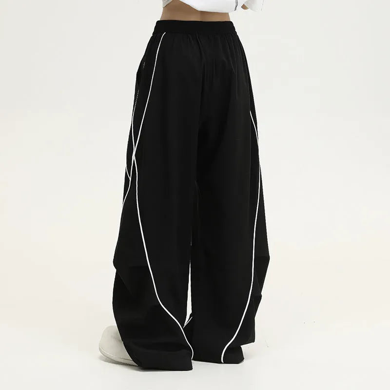 Black striped wide-leg hip hop trousers with elastic mid-waist