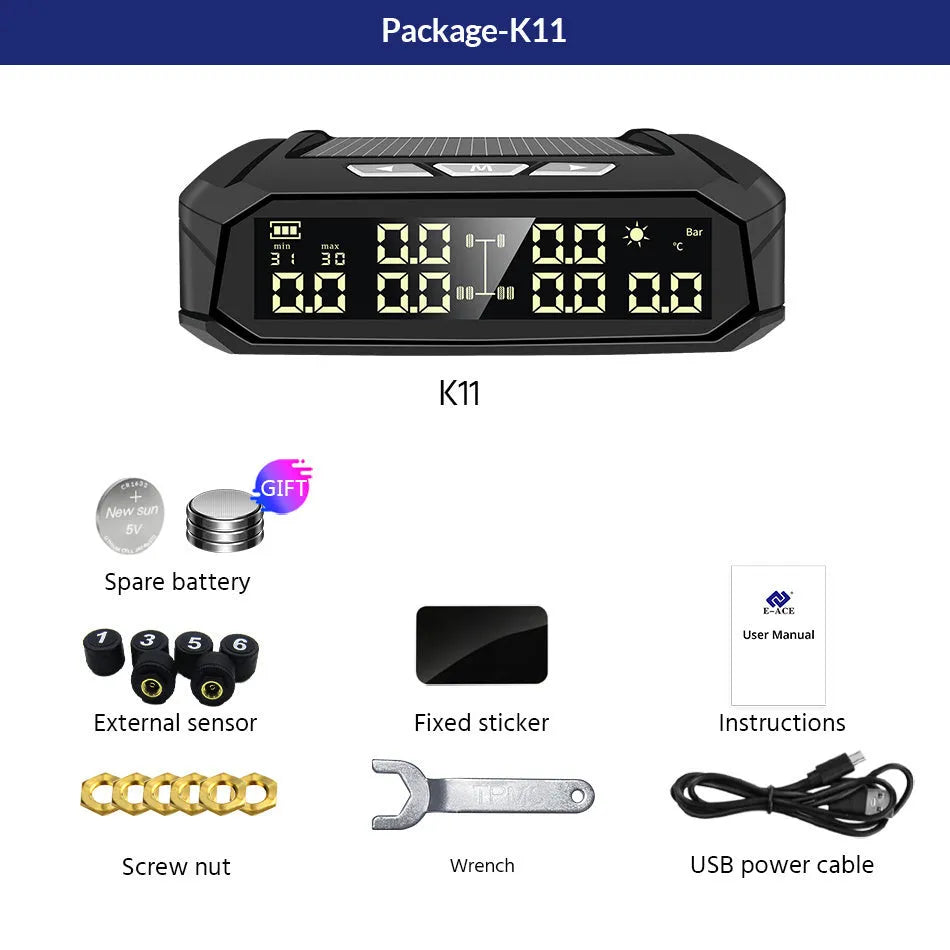 Solar external tyre pressure monitor with colour screen and six sensors for trucks