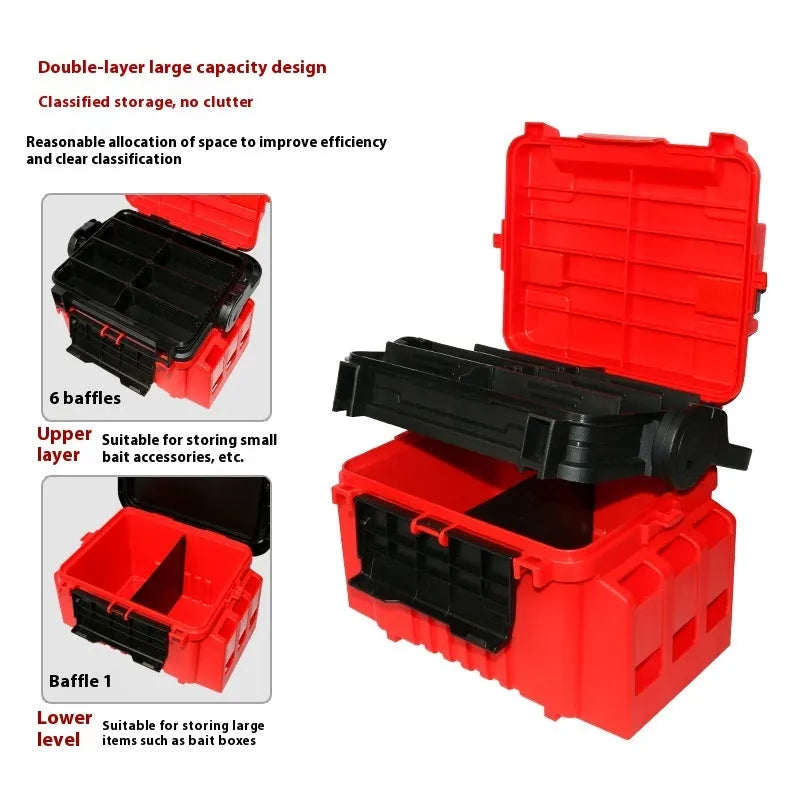 Portable double-layer ABS plastic bait fishing box in blue with pole holder and cup holder