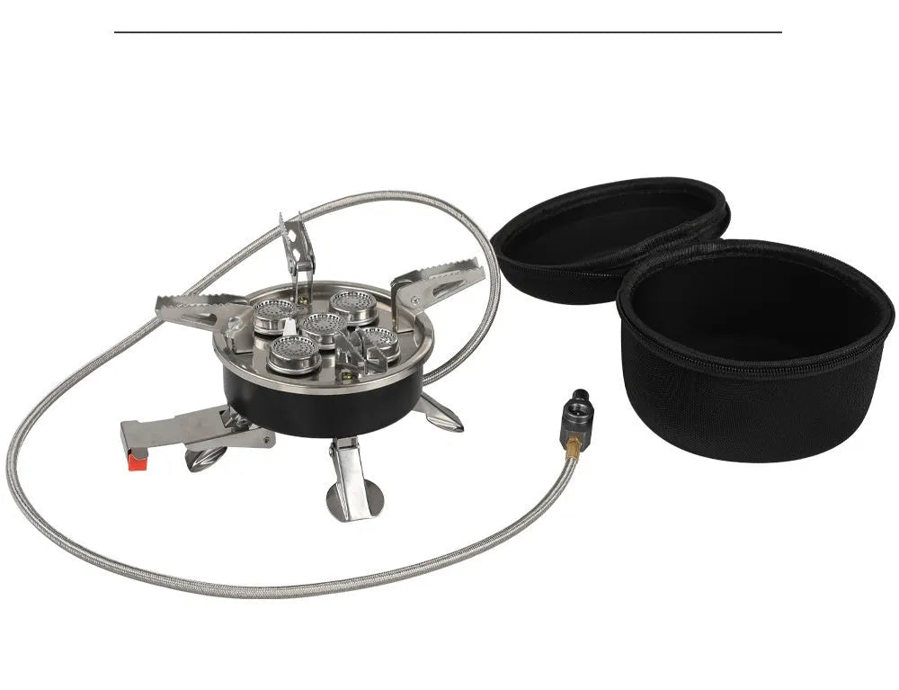 Silver stainless steel split camping stove with folded legs and a coiled 100cm fuel hose, shown next to a ruler showing 155mm length.