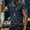 Man wearing a loose-fit grey t-shirt with a raised 3D geometric pattern, art retro style, short sleeves.