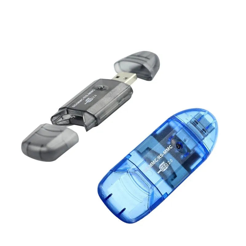 Transparent plastic USB card reader with LED light option on a desk next to memory cards.