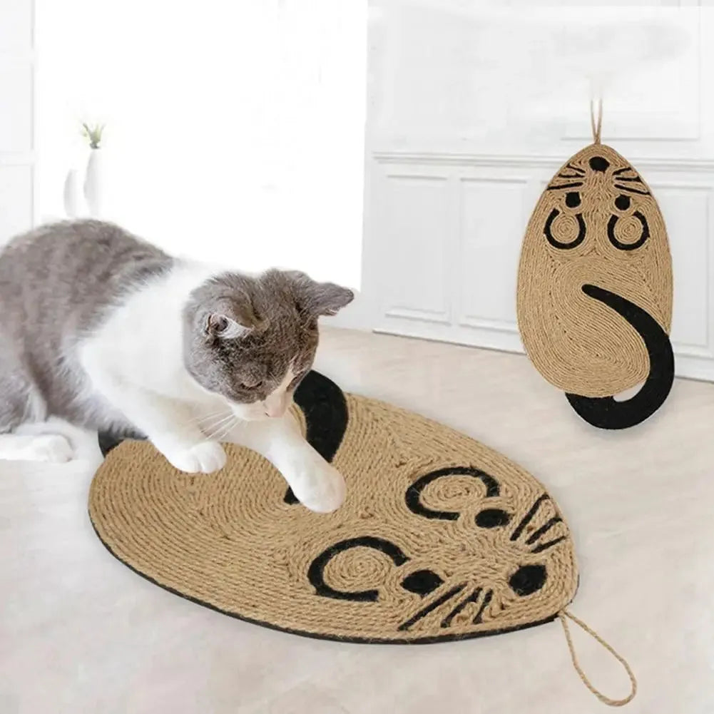 Panda pattern cat scratching mat with sisal surface on grey EVA base, showing dimensions.