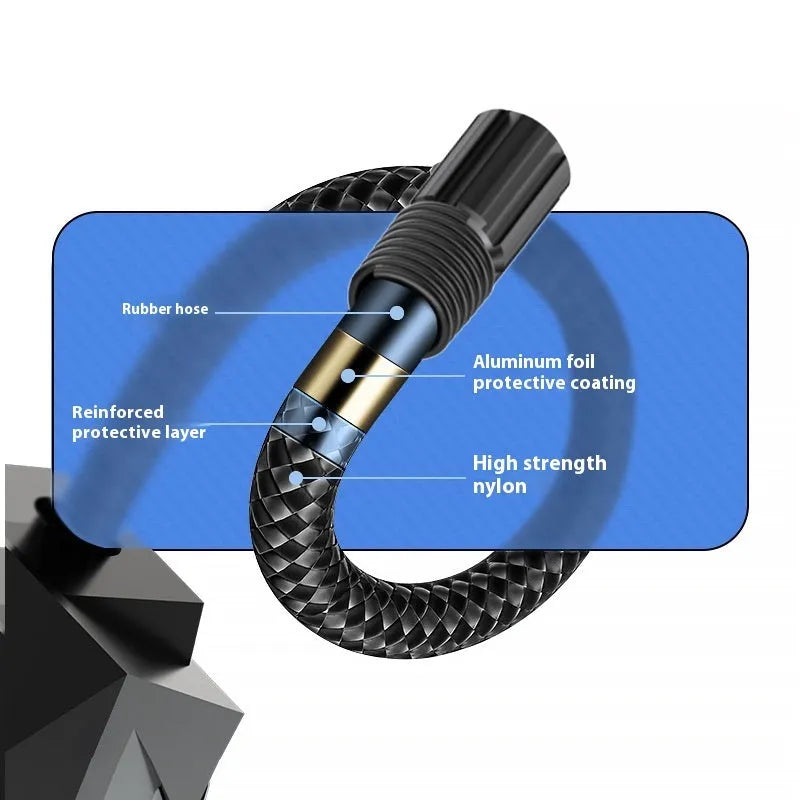 Black portable digital tyre inflator with LCD screen and LED light, connected to a car tyre valve.