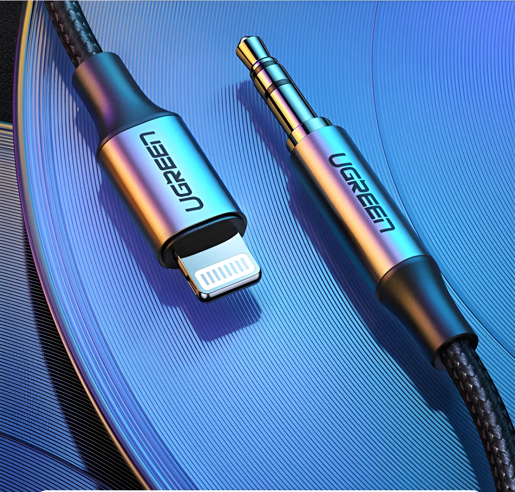 Black Apple Lightning to 3.5mm audio cable adapter with braided texture for car use