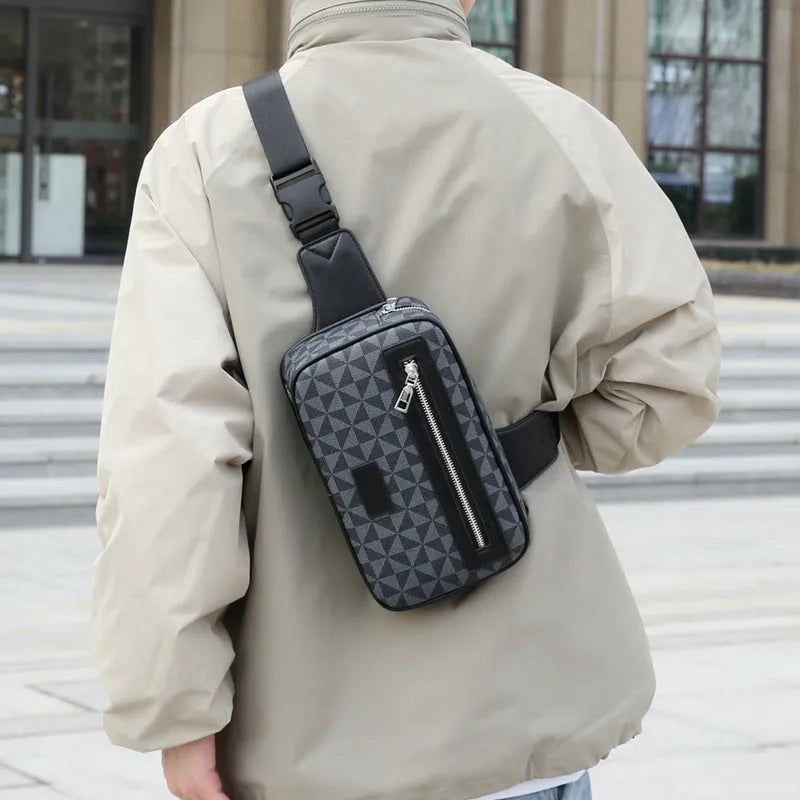 Men's black PU leather crossbody shoulder bag with printed chest design featuring windmill pattern detail