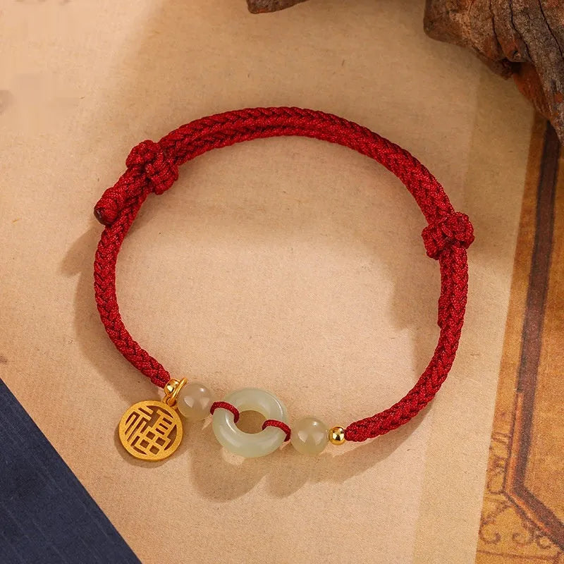 Silver geometric bracelet with Hetian Jade peace buckle and blessing card strap in black or wine red