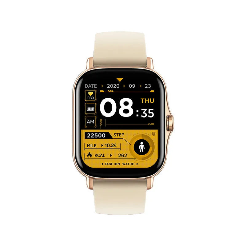 GT20 smartwatch in black with alloy case and silicone strap showing heart rate monitoring on screen.