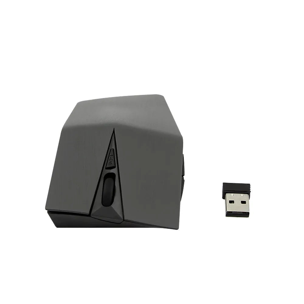 Wireless invisible mouse in gold colour beside laptop with USB receiver
