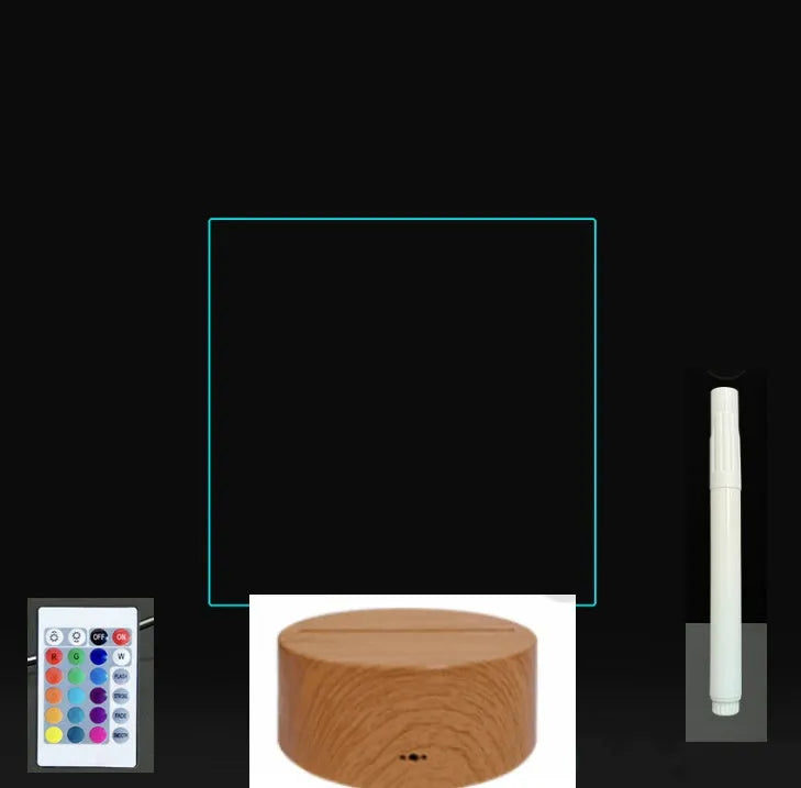 3D acrylic LED message board with touch control, black ABS base, USB cable, and stylus pen on desk