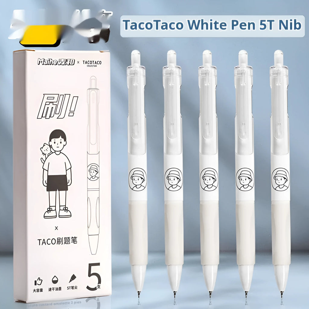 Five Taco brand black ballpoint pens with 0.5mm tips laid side by side.