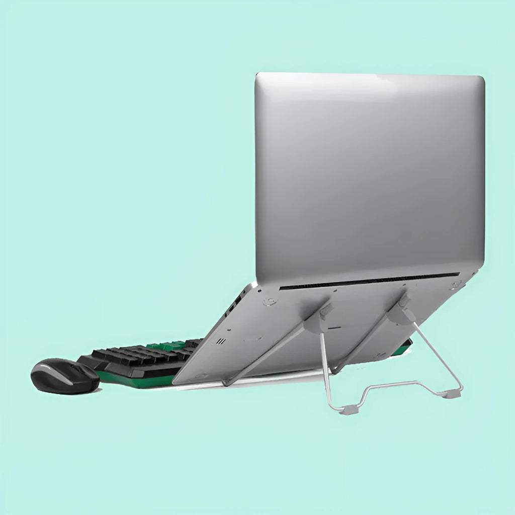 Space grey aluminium alloy adjustable stand holding a mobile phone and a laptop on a desk.