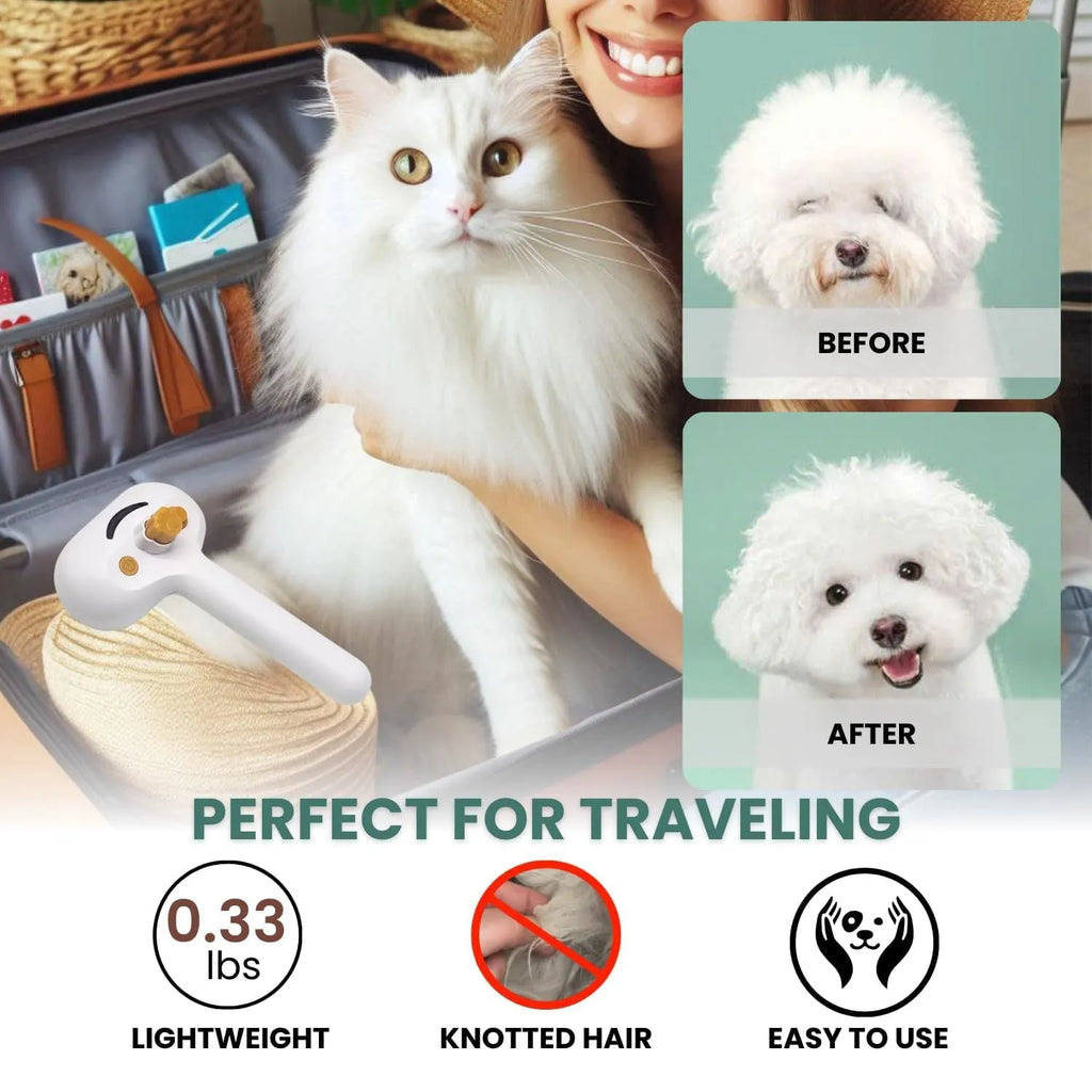 White pet steam grooming brush with gentle steel teeth and built-in water tank for dogs and cats