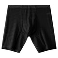 Men's black lace boxer shorts with a knitted transparent design and mid-waist fit on a neutral background.