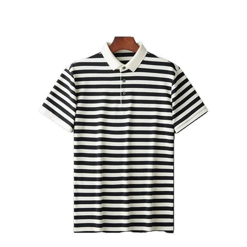 Men's black lapel jacquard stripes short-sleeve shirt on a hanger, showing asymmetrical design.