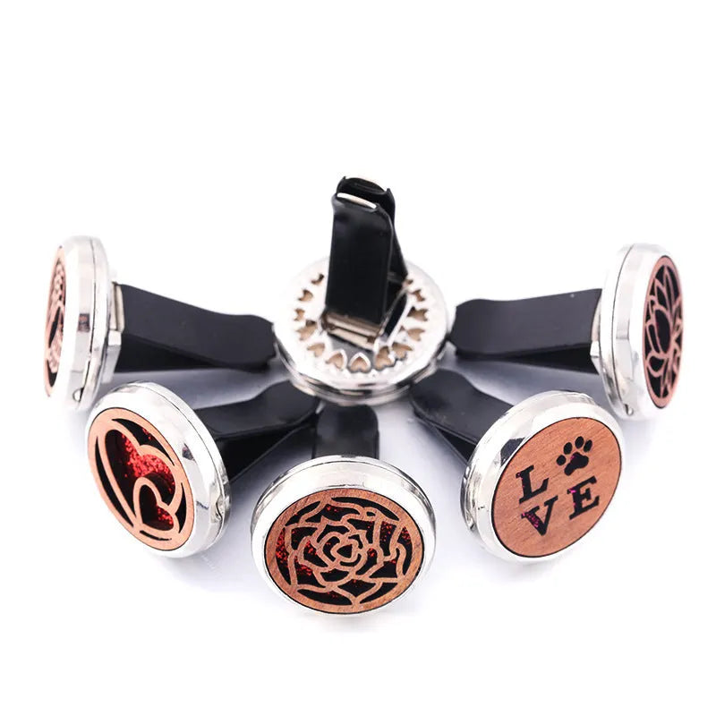 Round alloy wood car aromatherapy clip for air freshener discs with incense holder