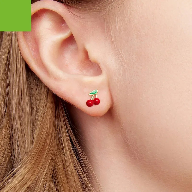 Pair of red cherry shape 925 silver stud earrings with glossy drip oil finish