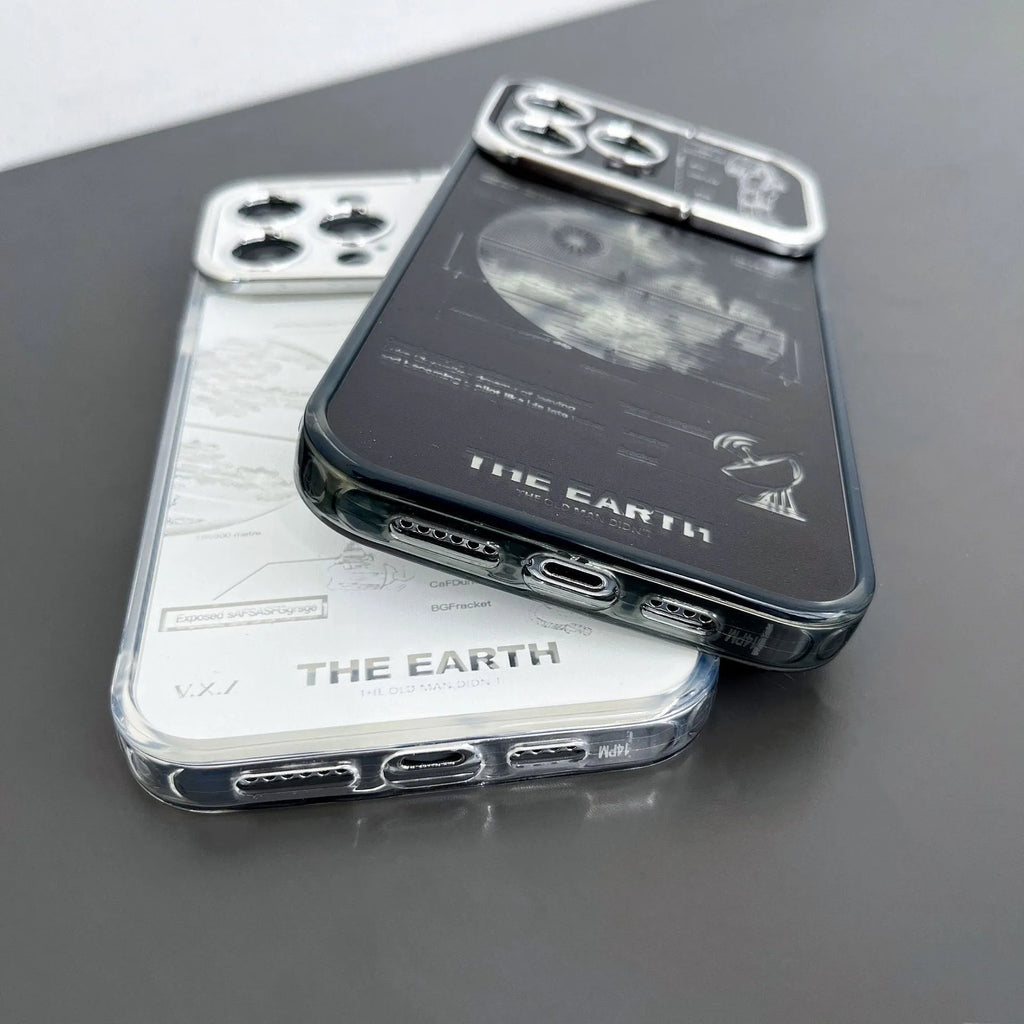Pleated bracket TPU phone case with metal planet design for iPhone 14 Pro Max, back cover view