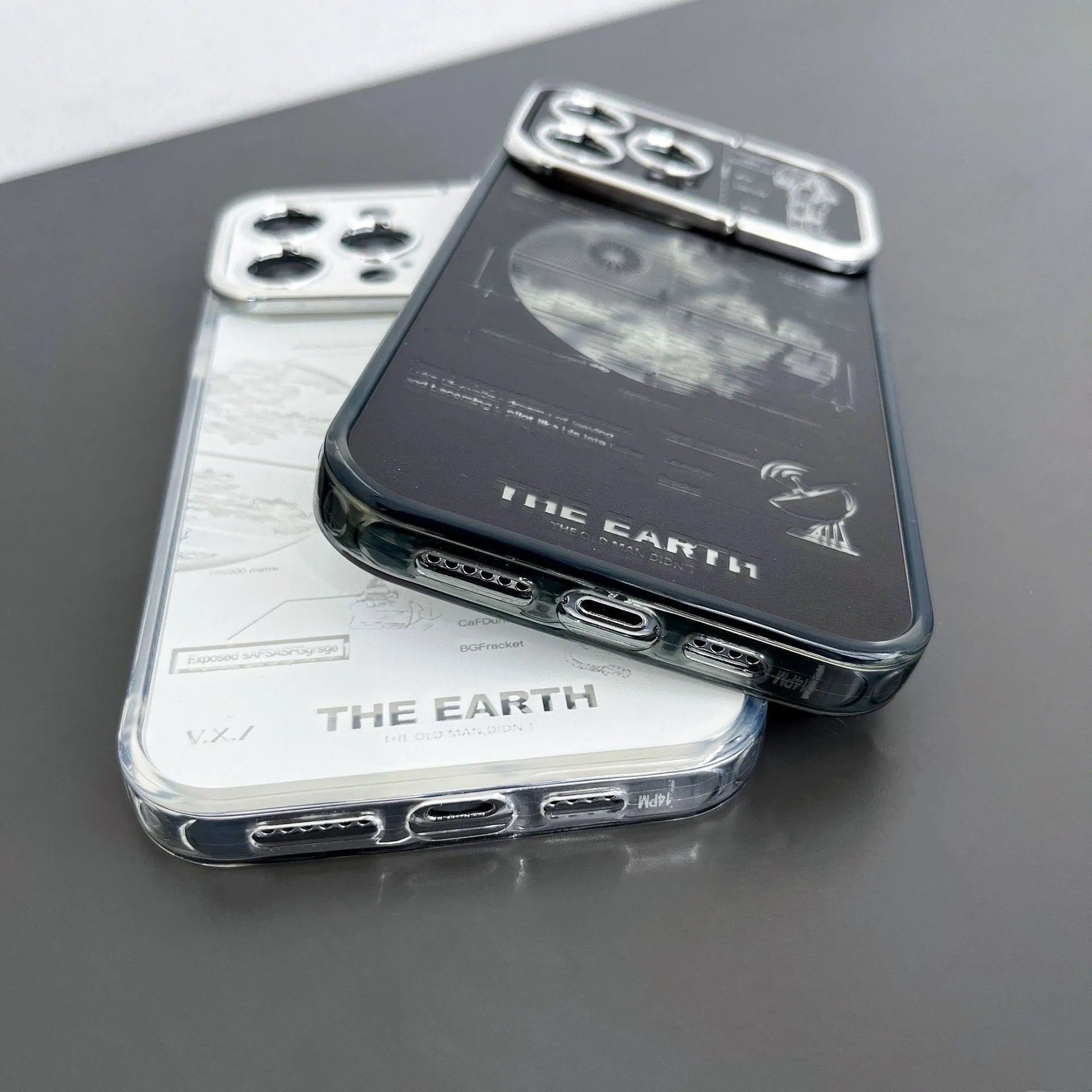 Pleated bracket TPU phone case with metal planet design for iPhone 14 Pro Max, back cover view