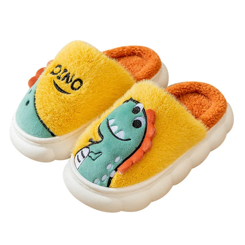 A pair of cotton plush couple slippers with a dinosaur print, shown in available colours and sizes.