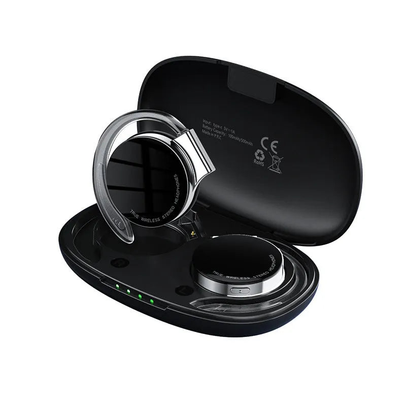 Black and white wireless sports Bluetooth earphones with in-ear fit.