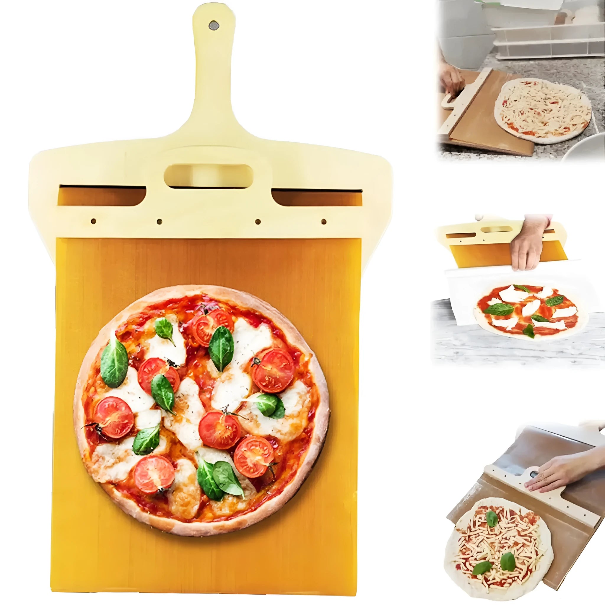 White food-grade PP plastic pizza transfer shovel with a hanging hole, shown on a kitchen counter.