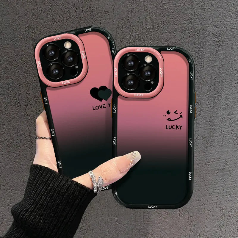 Acrylic hard shell iPhone case with fine hole pattern and a gradient love heart design on a cream and black background.