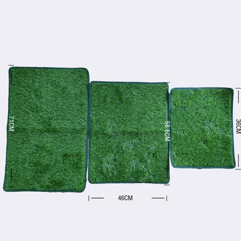 Green realistic dog grass pee training pad with waterproof backing, shown in small, medium, and large sizes.
