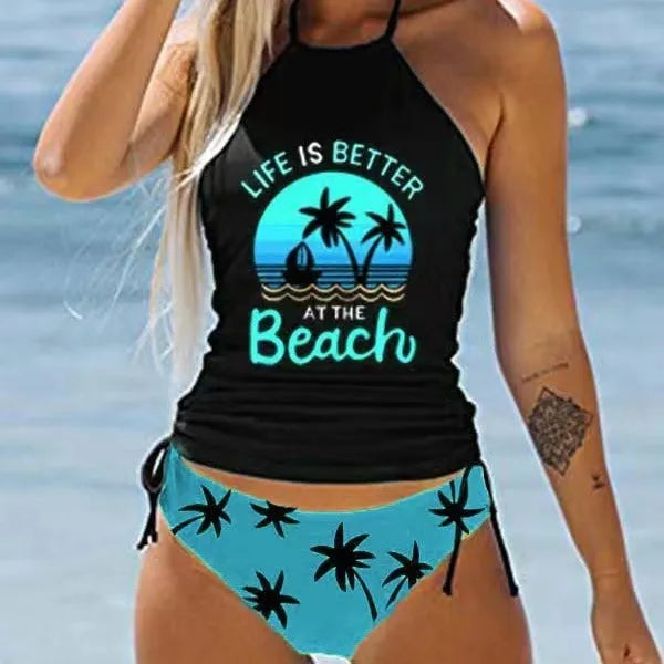 Conservative printed bikini swimsuit for women with colourful pattern and split design